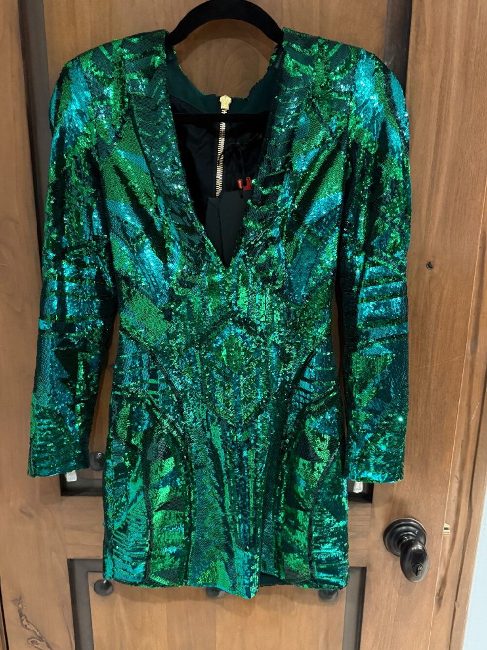 BALMAIN x H&M Emerald Sequin Long Sleeve Plunge Dress